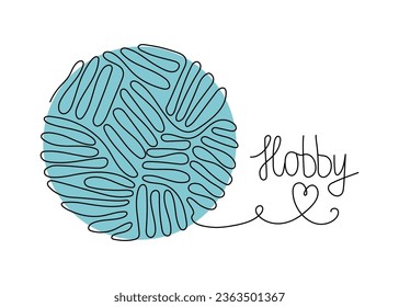 Knitting logo, icon. Hobby sign, needlework in line art style. A ball of thread, one line drawing. Threads in a skein. Abstract skein of wool. Vector illustration on isolated background.