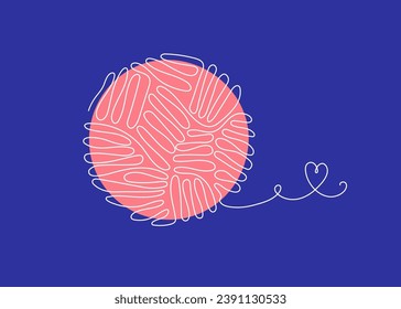 Knitting logo, icon. Hobby sign, needlework in line art style. A ball of thread, one line drawing. Threads in a skein. Vector illustration on an isolated background.
