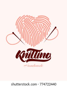 Knitting logo with lettering. Knit heart icon. Handmade. Lettering vector illustration.