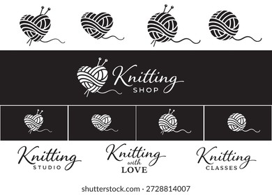 Logo de tejer con corazón de hilo y agujas. Diseño de marca hecho a mano moderno para la tienda de tejer, estudio, clases o negocio de artesanía. Colección mínima del logotipo en blanco y negro.