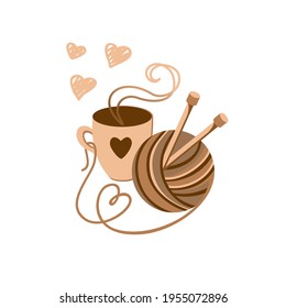 Knitting logo. Skein of yarn and a cup of hot coffee. Knitting illustration. Vector.