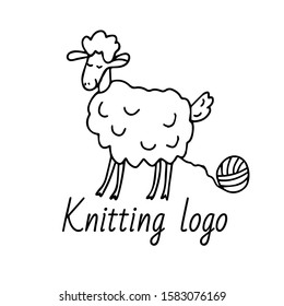 Knitting logo template. A cute sheep with a clew. Knitting hobby in doodle sketch isolated outline. Hand drawn vector illustration in black ink isolated on white background. Doodle style.