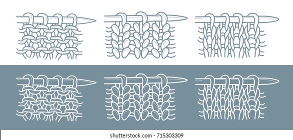 Knitting loops with needle isolated vector illustration in line style. Yarn and knitting loops symbols. Hand drawn canvas fragment with needle.