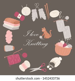 Knitting I love vector poster. Collection of knitted clothes and knit tools isolated on brown background - woolen scarf, hat, mittens, socks with needles. Hook, yarn and cartoon kitten.