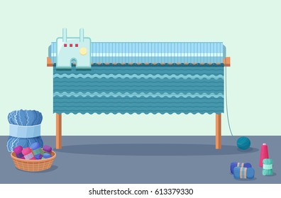 Knitting machine vector illustration in flat style with wool yarn skeins and handmade hobby and needlework accessories