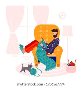 Knitting man with needles in home interior. Male relax hobby to make cozy scarf or cotton quilt for himself. Person create wool cloth in armchair. Cat with ball of yarn. 