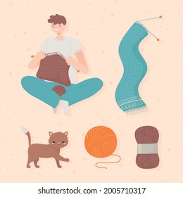 Strickmann mit Nadeln und Wolle