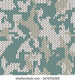 

Knitting melange camo texture. Winter camouflage sweater. Knit background seamless pattern. Vector