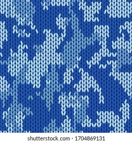 Knitting melange camo texture. Winter blue camouflage sweater. Knit background seamless pattern. Vector
