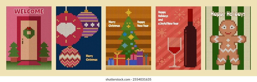 Knitting Merry Christmas and Happy New Year card set. flat style Vector illustration.