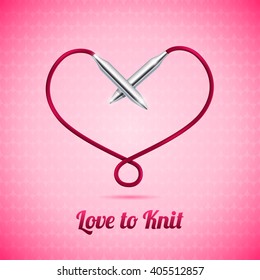 Knitting metallic needles in form of heart on the background. Vector illustration.