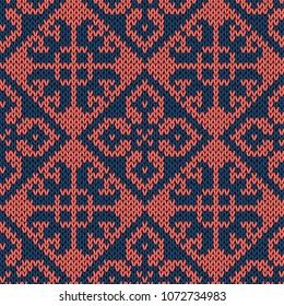 Knitting motley orient ethnic background in beige and terracotta colors, seamless knitting vector pattern as a fabric texture