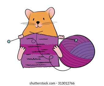 Knitting mouse with purple thread cartoon