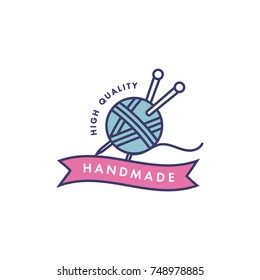 Knitting needle pins and wool clew balls icon. Vector isolated symbol of knitwork tools for knit service or atelier tailoring salon