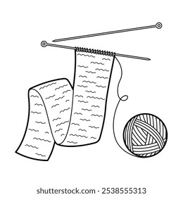 Stricknadeln und eine Fadenkugel. Gestrickter Schal. Kontur einzeln auf weißem Hintergrund, Design-Element