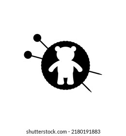 Knitting needles and ball of thread with plush toy bear illustration. Simple minimal logo design. Vector illustration on white background.