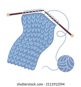 Knitting with needles and a ball of woolen threads. Vector illustration in a flat style.