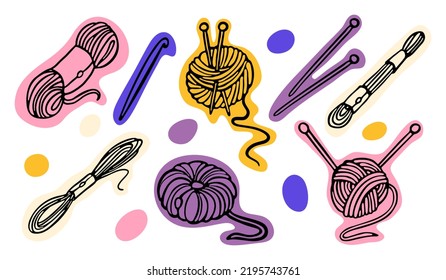 Knitting Needles and Balls of Wool Yarn outline doodles on color spots. Vector illustration in Cartoon style. Symbol of Knitting, hobby, needlework.