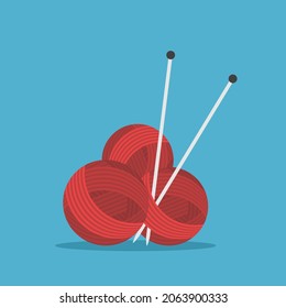 Knitting needles and balls of yarn. Hobby, creative work, needlework and supplies for homemade items concept. Flat design. Vector illustration. EPS 8, no gradients, no transparency