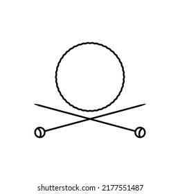 Knitting needles and big empty abstract ball of thread. Simple minimal logo design. Vector illustration on white background.