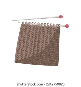 Knitting needles with brown wool fabric cartoon illustration. Cartoon drawing of accessories for knitting or handmade clothes isolated on white background. Needlework, handicraft, hobby concept