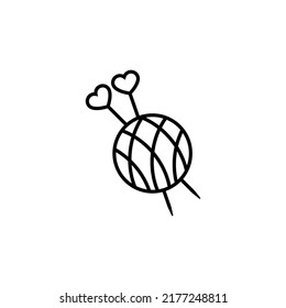 Knitting needles with hearts and a ball of thread. Simple minimal icon and logo design. Vector illustration on white background.