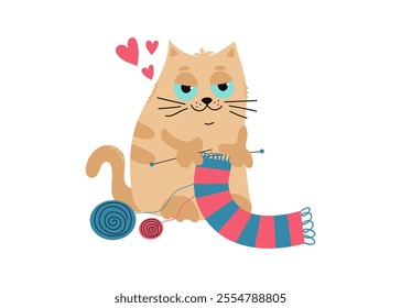 Knitting, knitting needles, hearts, skeins of yarn. Cartoon cute cat knits a scarf. Handmade, hobby. Warm knitted scarf, clothes. White isolated background.