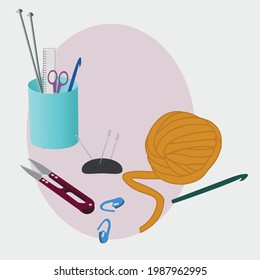 Knitting needles and hook. A skein of thread. Needlework, sewing tools and knitting collection. Vector decorative background