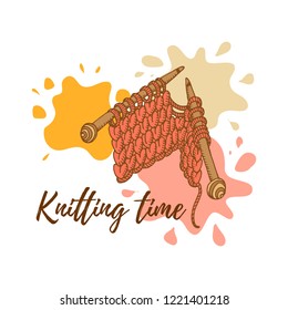 Knitting needles with knitted work on colorful blobs background with lettering