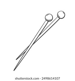 Knitting needles line icon. Hand drawn retro straight point needle to knit with yarn, woolen threads. Knitting hobby, craft knitted clothes mascot, outline tool of needlework icon vector illustration