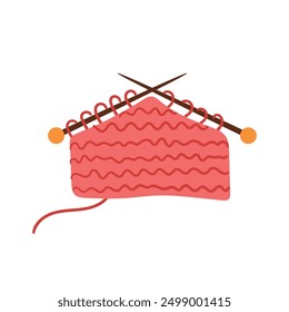 Knitting with knitting needles from red wool. Vector illustration of hand-drawn needlework elements, eps 10