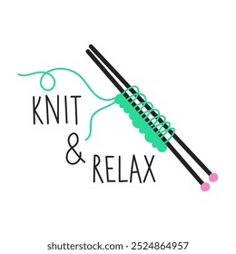 Stricknadeln mit Aufkleber. Motivation Needlecraft Phrase. Handgemachte Strickwaren Symbol mit handgeschriebener Inschrift. Vektorgrafik. Clipart.