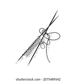Knitting needles with threads. Hand-drawn sketch. A simple outline drawing. Vector illustration isolated on white.