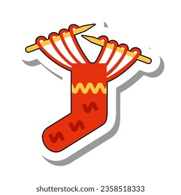 Vector de agujas de punto. Calcetín de lana roja. Equipamiento y artículos para el concepto de costura y confección. Icono de pegatina de papel plano aislado en fondo blanco