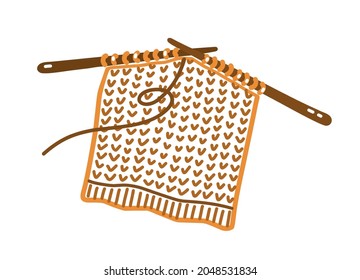 Knitting needles with wool fabric isolated on a white background. A type of hobby, leisure or craft. Vector hand-drawn illustration in doodle style. Perfect for cards, autumn designs, decorations. 