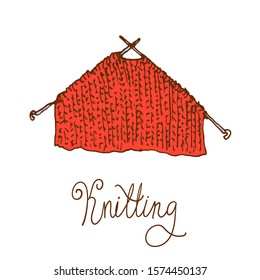 Knitting needles and wool. Hand drawn doodle illustration.