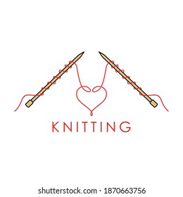 knitting needles and woolen yarn Heart. knitting logo design vector ilustration