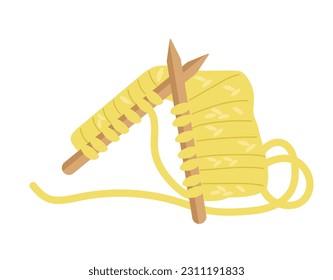 Agujas de punto con concepto de hilo amarillo. Ropa hecha a mano y cálida. Moda, tendencia y estilo. Trabajo necesario y costura. Dibujo vectorial plano de dibujos animados aislado en fondo blanco