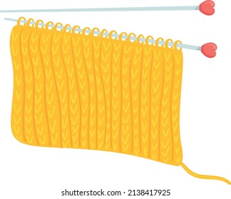 Knitting needles with yellow yarn weave in cartoon style isolated on white background