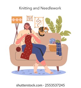 Knitting and Needlework concept. A serene moment captures a woman engrossed in knitting at home, with her cat by her side. Crafting hobby, cozy living room setting. Vector illustration.