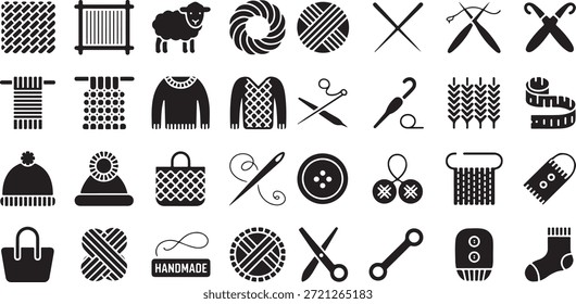 Knitting and needlework craft icon set. Containing yarn balls, knitting needles, crochet hooks, wool sheep, woven patterns, sweaters, socks, and handmade tags.