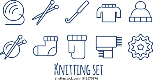 Knitting and needlework icon set isolated vector illustration in line style. Yarn and knitting needles symbols. Hand made elements: socks, gloves, sweater and scarf. Outline knitting sign collection