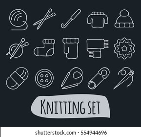 Knitting and needlework icon set isolated vector illustration in line style. Yarn and knitting needles symbols. Hand made elements: socks, gloves, sweater and scarf. Outline knitting sign collection