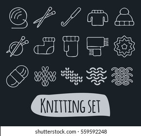 Knitting and needlework icon set. Isolated vector illustration in line style. Yarn and knitting needles symbols. Hand made elements: socks, gloves, sweater and scarf. Outline knitting sign collection