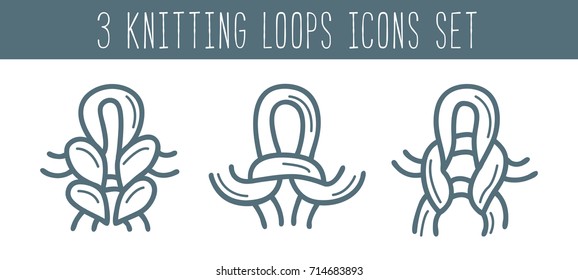 Knitting and needlework icon set isolated vector illustration in line style. Yarn and knitting needle face and purl loops symbols. Outline knitting loops sign collection on white background.