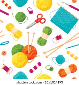 Knitting and needlework seamless pattern. Backdrop with balls of yarn, woolen threads, tools for knitwork, hobby or handicraft on white background. Cartoon vector illustration for wrapping paper.