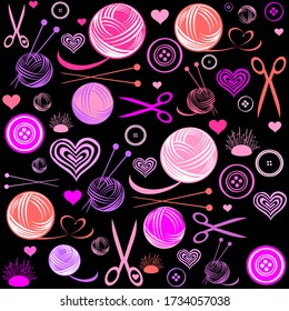 Knitting and needlework seamless pattern. Backdrop with balls of yarn, woolen threads, tools for knitwork, hobby or handicraft on black background. Cartoon for wrapping paper. Simple graphics. Vector