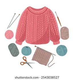 Strick- und Nadelgarnitur. Handwerk, Garn, Schere, Pullover, Stricknadeln und Haken, Pullover. Vektorgrafik auf weißem Hintergrund.