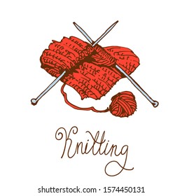 Knitting needlework, woolen ball and yarn. Hand drawn doodle illustration.