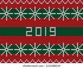Knitting new year pattern with snow flakes ornament and numeral 2019 on striped red and green knitted background. Vector illustration, greeting card, flyer, invitation, calendar template.